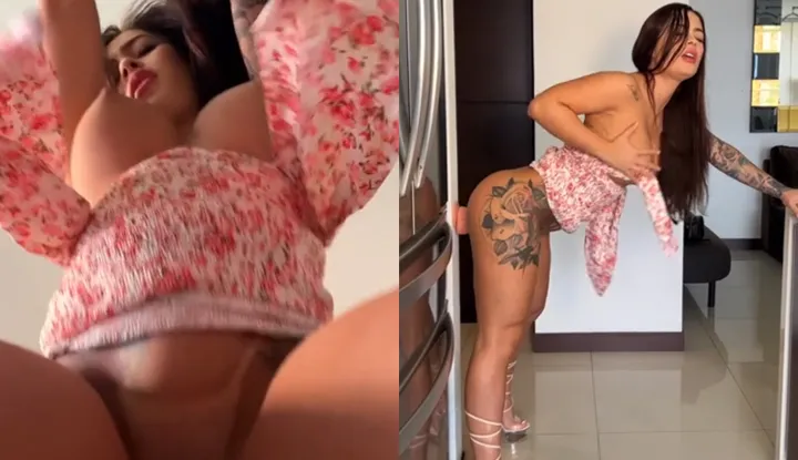 Big-breasted internet celebrity masturbating in the kitchen with a big dildo, her moans filling the entire room