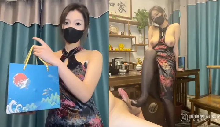 Sales techniques of the tea artist, black silk cheongsam top-grade beauty, upturned buttocks offer hole to taste fresh tea, crazy fuck from bend, output plum blossom opens twice, internal shot