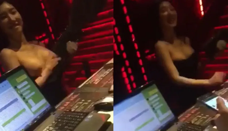 [Korean] To get into the nightclub, the hot girl directly exposes her breasts to the counter!!