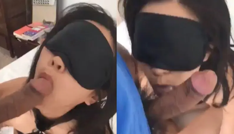Girlfriend Blindfolded Eating Cock ~ Kneeling in Front of the Sausage Crazily Slurping and Madly Nibbling It!!