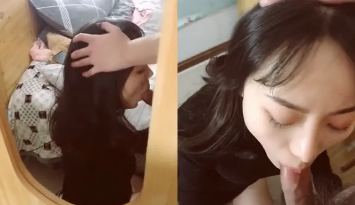 Beautiful girlfriend kneels to lick ccken, if she gets tired they can move to the bed for a good time.