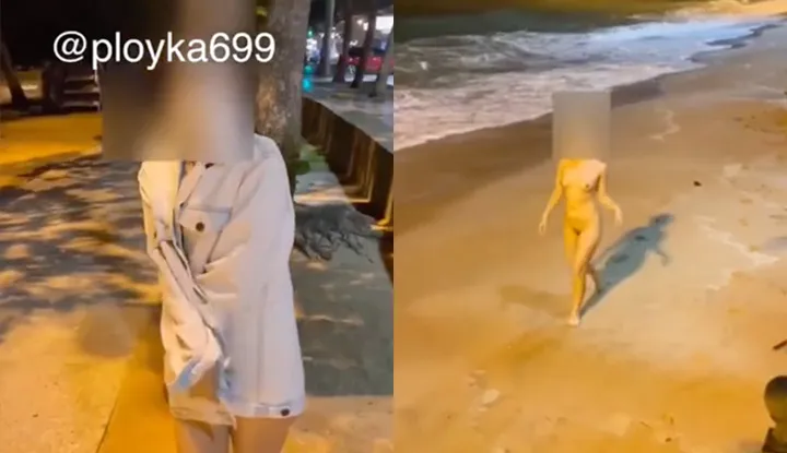 [Thailand] A busty Thai girl walking naked on a deserted beach at night, wilder than the waves beside her~