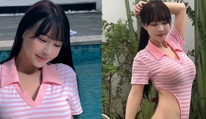 Peak beauty and body show, big-scale private shooting of busty goddess, wet body in gh-cut striped swimsuit in Xishuangbanna showing nipples and tightness.
