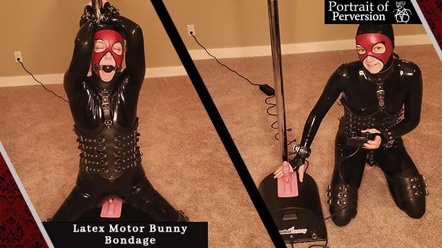 The Latex Motor Bunny - Sexy rubber dressed girl rides a Sybian then is made to cum in bondage on it